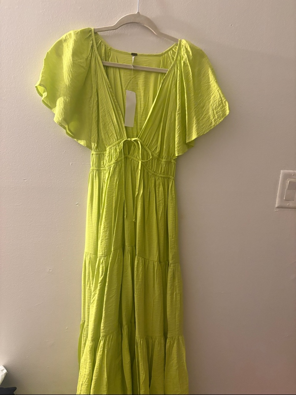 Tie-Front Flutter Sleeve Tiered Maxi Dress in Neon Lime